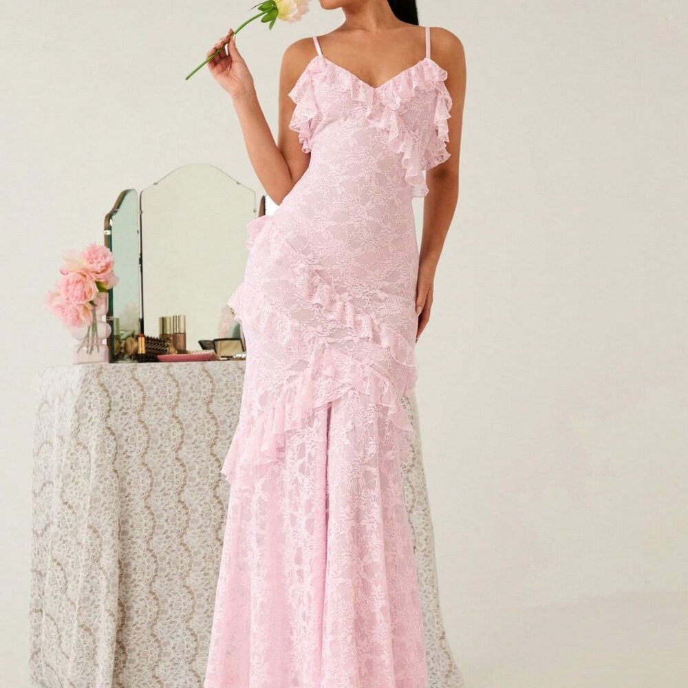 Pink Ruffled Lace Women's Romantic Mermaid Maxi Dress